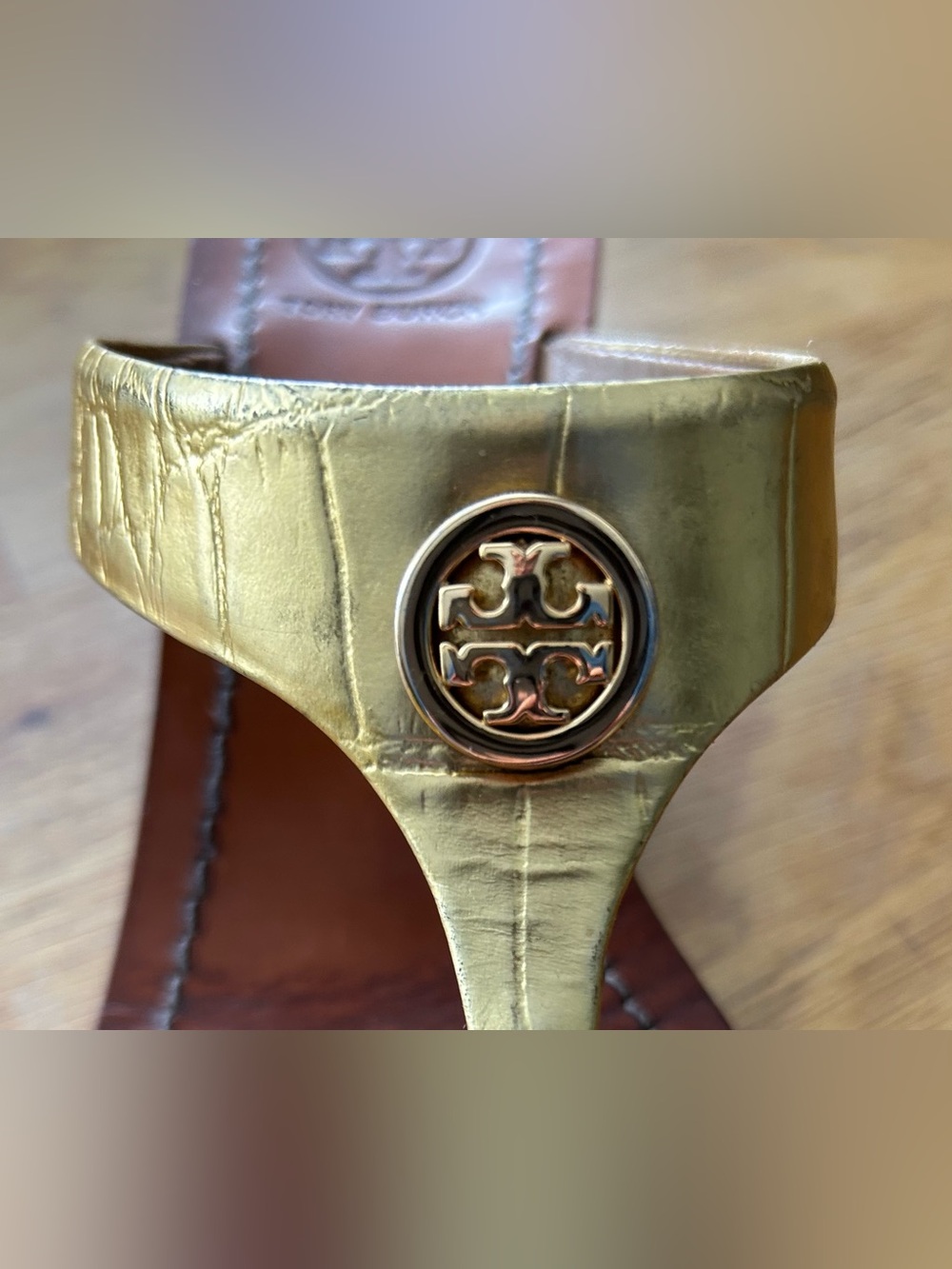 Tory Burch “Cameron” Croc Logo’d Wedge Sandals